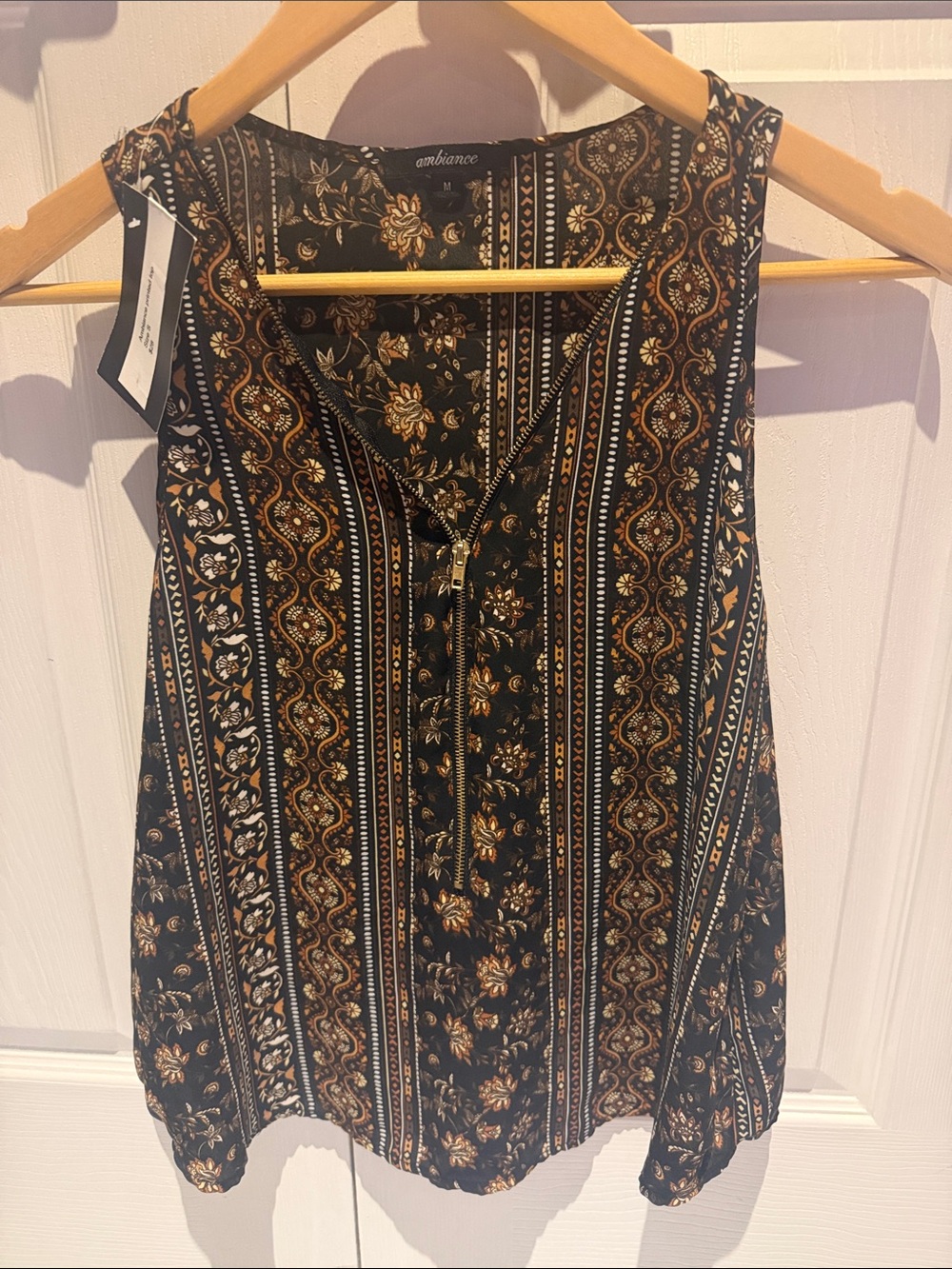 Ambiance Black and Gold Printed Zip-Front Sleeveless Camisole